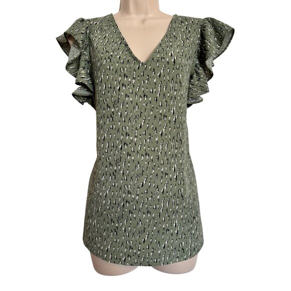 Adrianna Papell Size Medium Flutter Sleeve V Neck Olive Black NWT Polyester - Picture 1 of 8